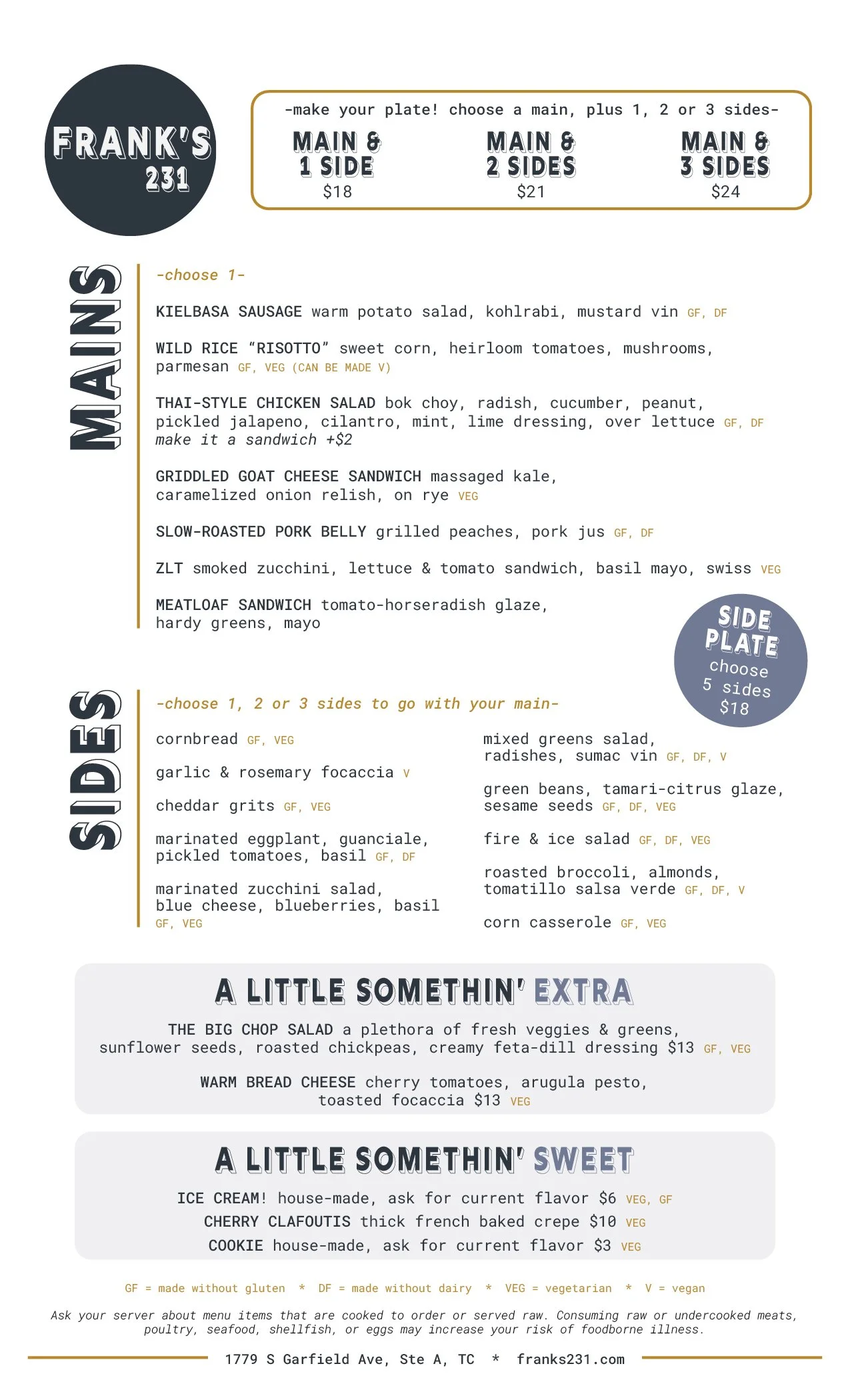 Dine-In Menu — Frank's 231 | Traverse City, MI